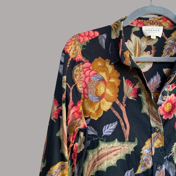 SEZANE Black Orange Dark Floral Printed Lightweight Button Down Pierro Shirt - Picture 4 of 13